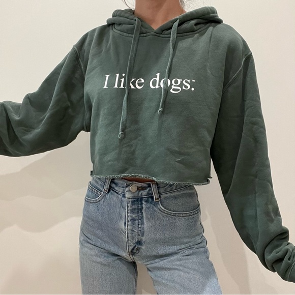Diogie I Like Dogs Green and White Cropped Hoodie Sweatshirt - Picture 1 of 6
